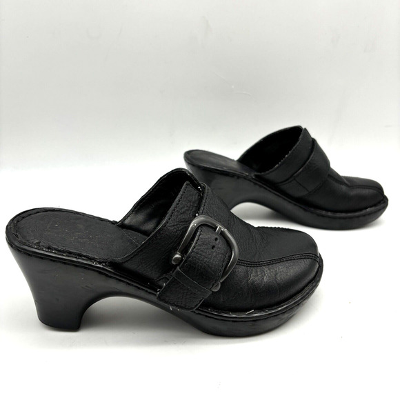 BOC Born On Concept Black Leather Gunmetal Buckle Block Heel Platform Clogs 7 - Picture 5 of 16